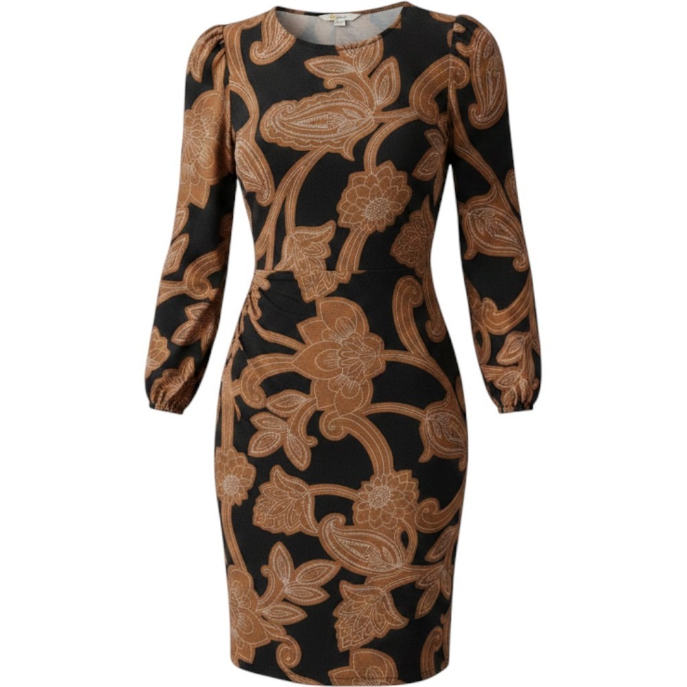 Boden Midi Dress 12P Black Brown Butterscotch Paisley Whirl Long Sleeve Career